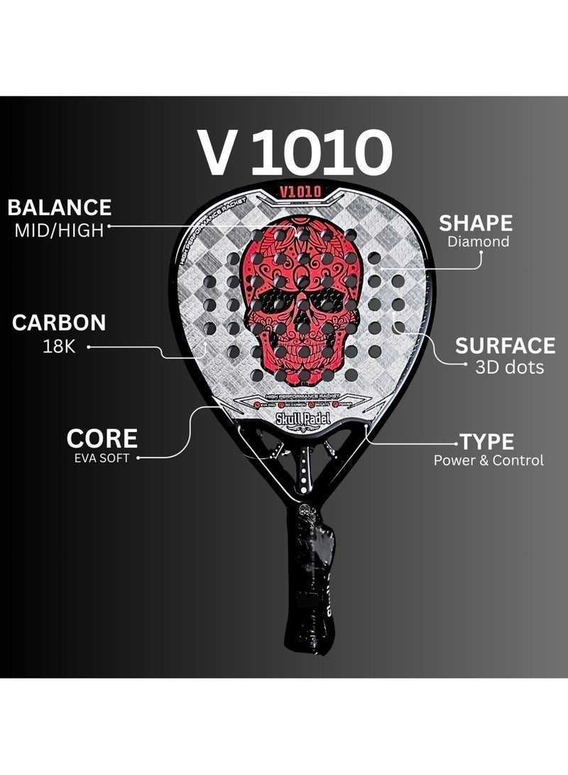 Skull Padel PADEL RACKET | V1010 RED BLACK 18K  CARBON with COVER | For Advanced Players - Image 4